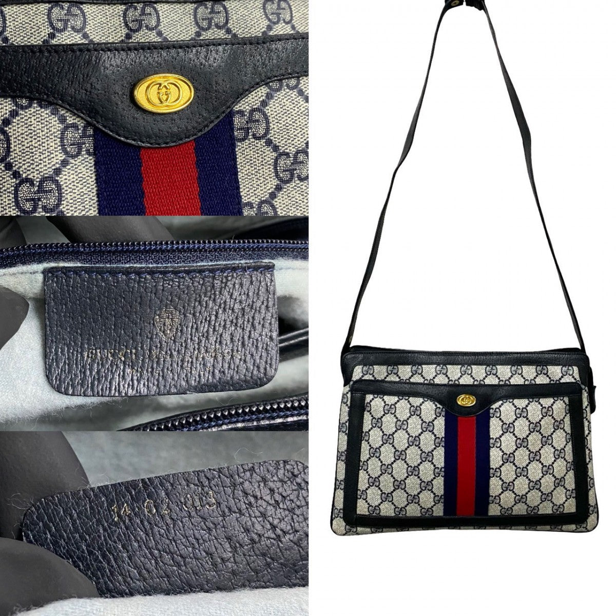 GUCCI Shoulder Bag Leather, PVC Navy Old Gucci GG logoMetal Sherry line Women Used Authentic