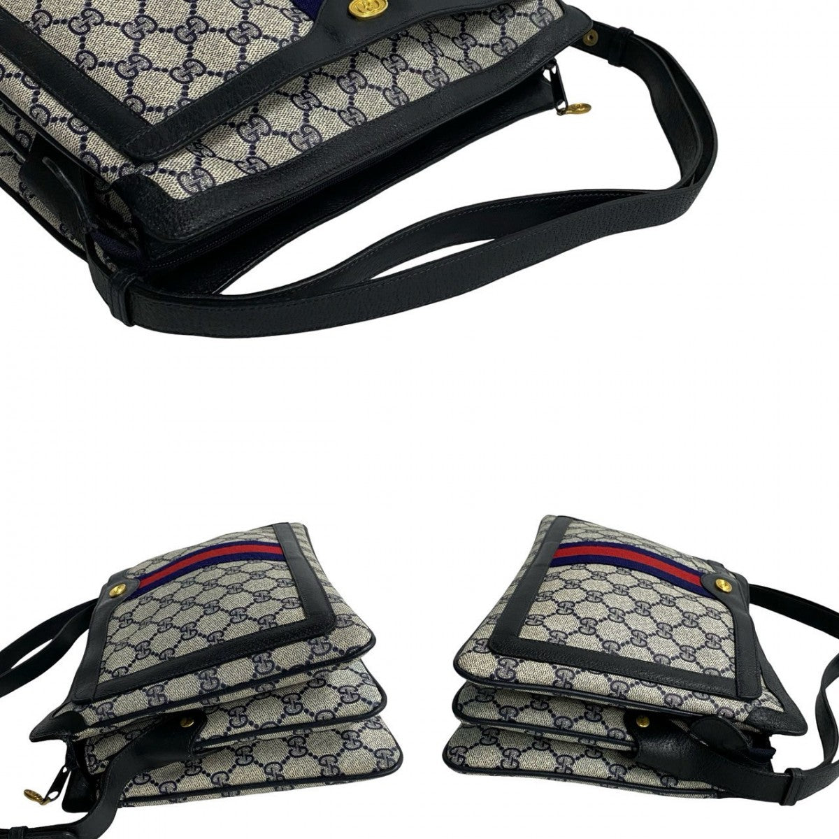 GUCCI Shoulder Bag Leather, PVC Navy Old Gucci GG logoMetal Sherry line Women Used Authentic
