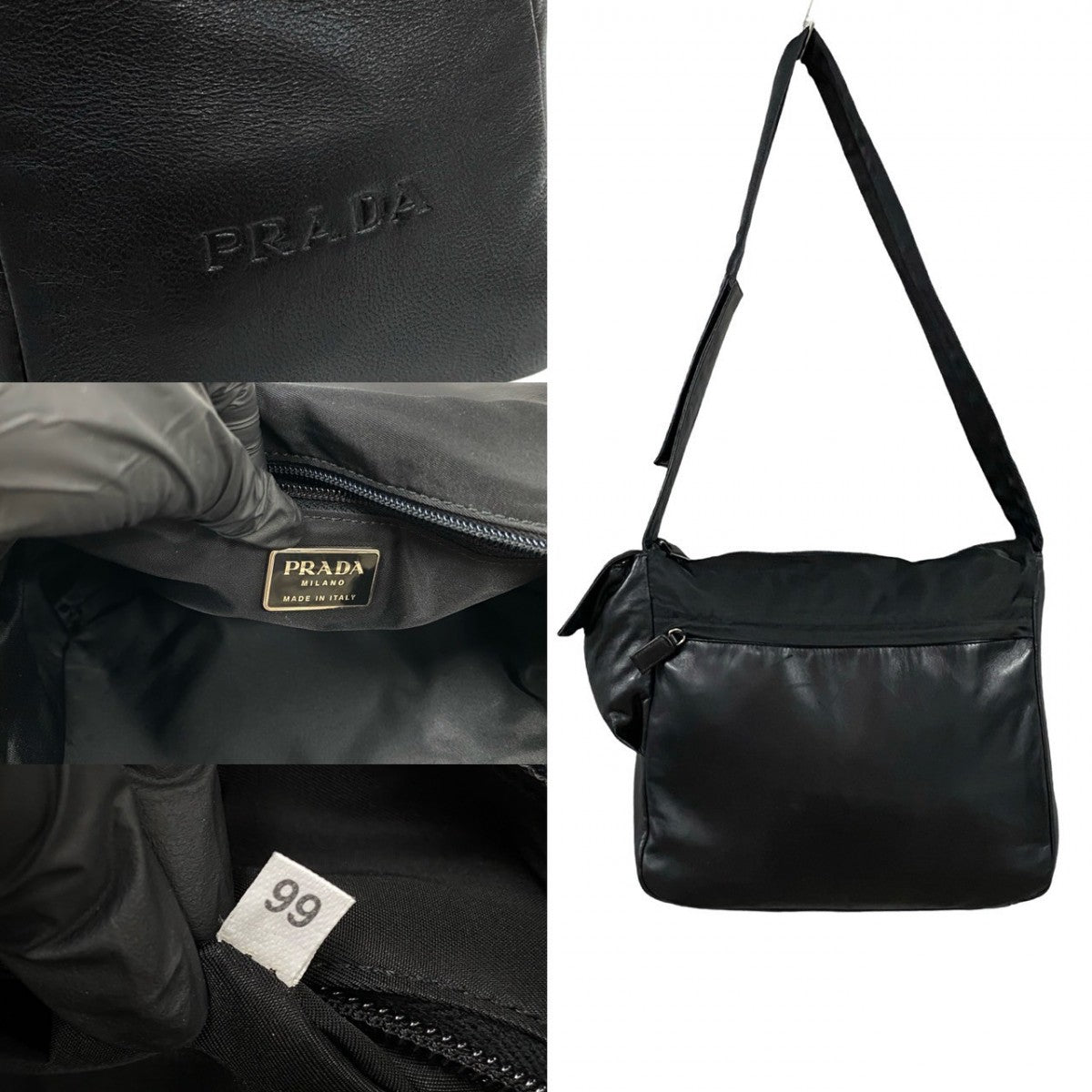 PRADA Shoulder Bag leather black logo mens Used Authentic