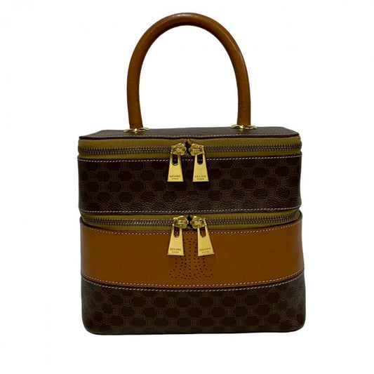 CELINE Handbag Leather, PVC Brown Macadam Blason Triomphe Pattern Women Used Authentic
