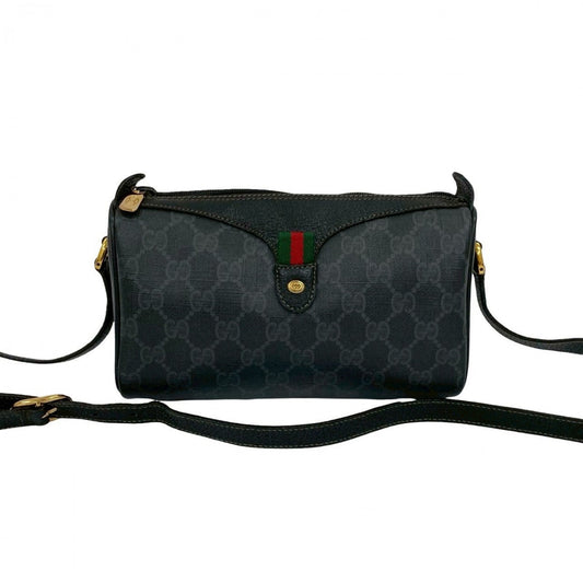 GUCCI Shoulder Bag Leather, PVC black GG logo Pattern Sherry line Women Used Authentic