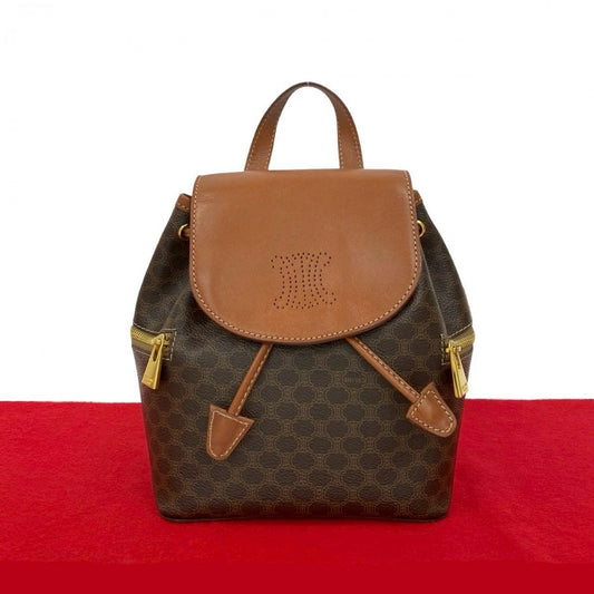 CELINE Backpack Leather, PVC Brown Macadam Blason Triomphe Pattern Women Used Authentic