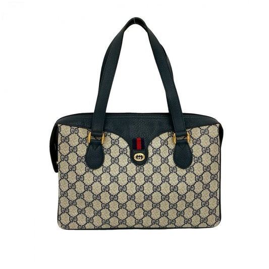 GUCCI Handbag Leather, PVC Navy logo Metal Sherry line Women Used Authentic