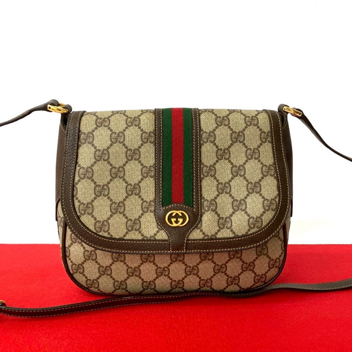 GUCCI Shoulder Bag Leather, PVC Brown GG logo Metal Sherry line Women Used Authentic