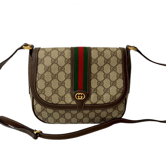 GUCCI Shoulder Bag Leather, PVC Brown GG logo Metal Sherry line Women Used Authentic