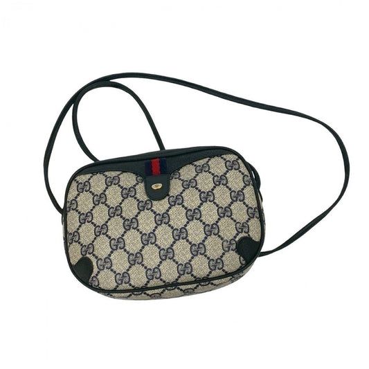 GUCCI Shoulder Bag Leather, PVC Navy GG logo Metal Sherry line Women Used Authentic