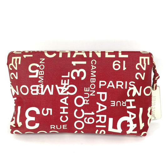 CHANEL Pouch canvas Red Bysy line logo Women Used Authentic