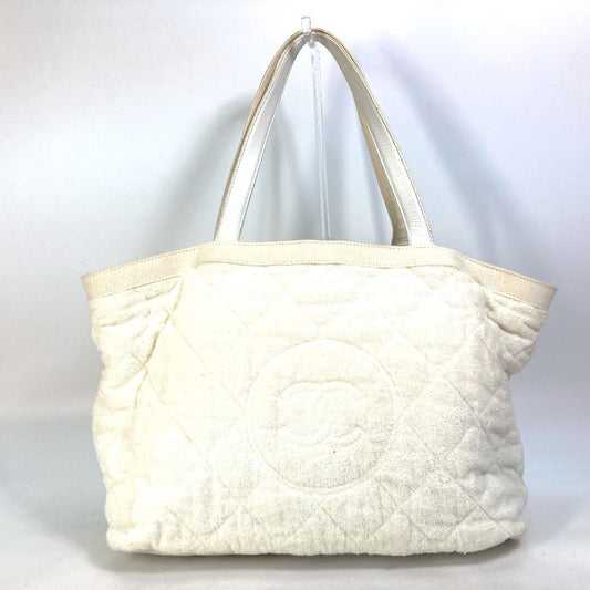 CHANEL Tote Bag Cotton leather white beach bag pile CC COCO Mark Women Used Authentic