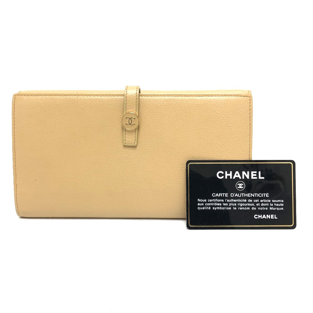 CHANEL Folded wallet leather beige COCO Button Women Used Authentic