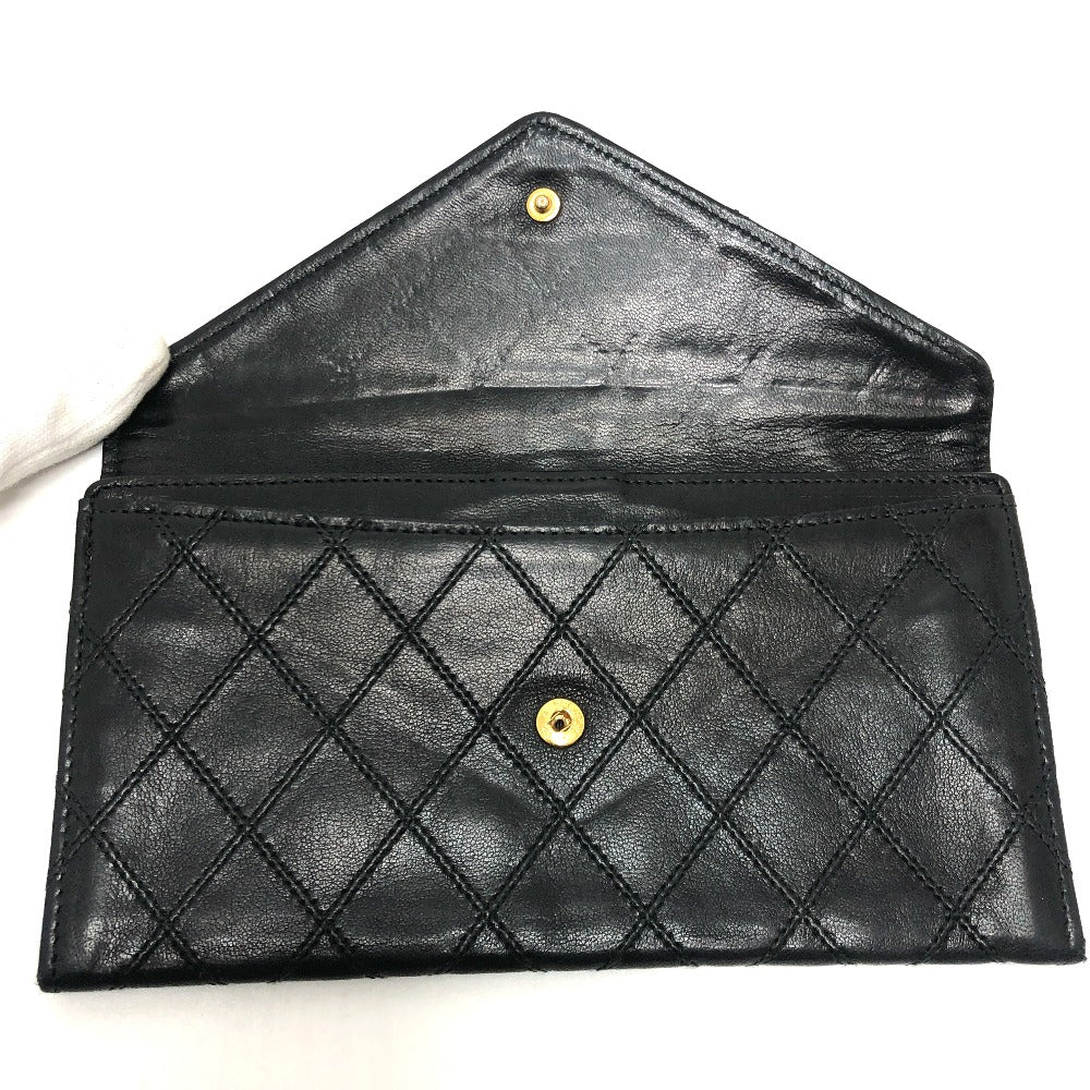 CHANEL Long Wallet Purse lambskin black Matrasse Women Used Authentic