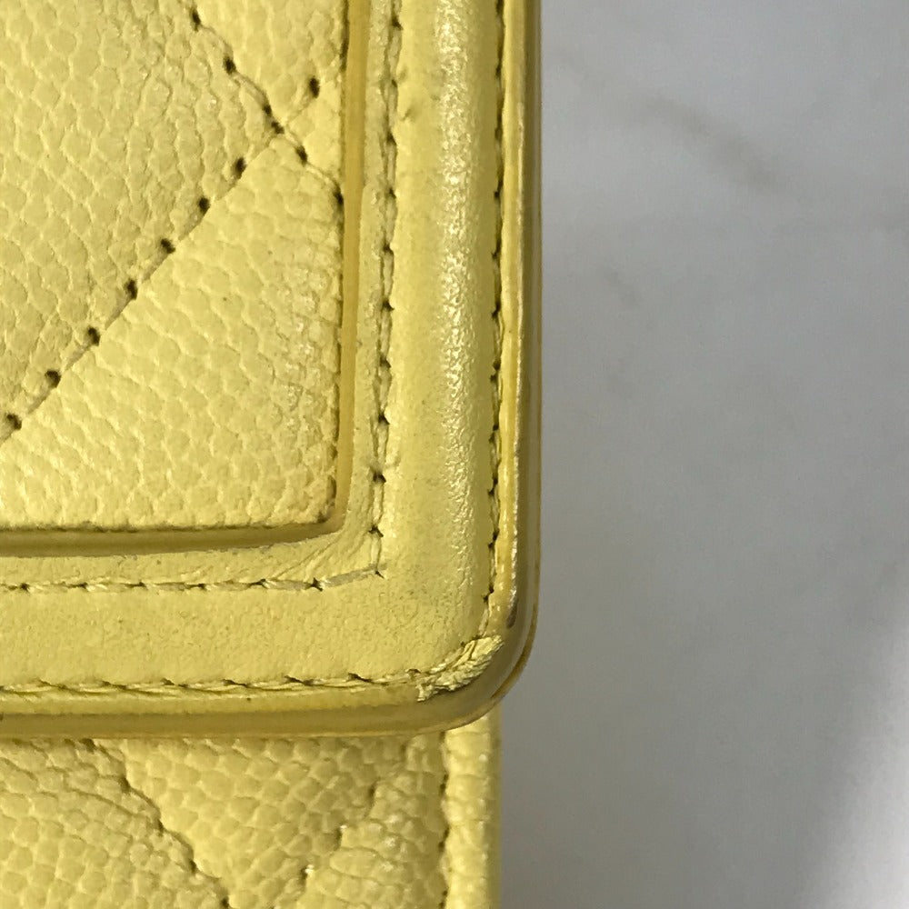 CHANEL Long Wallet Purse Caviar skin yellow Two fold Long wallet Filigree CC COCO Mark Women Used Authentic