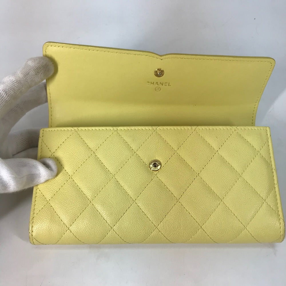CHANEL Long Wallet Purse Caviar skin yellow Two fold Long wallet Filigree CC COCO Mark Women Used Authentic