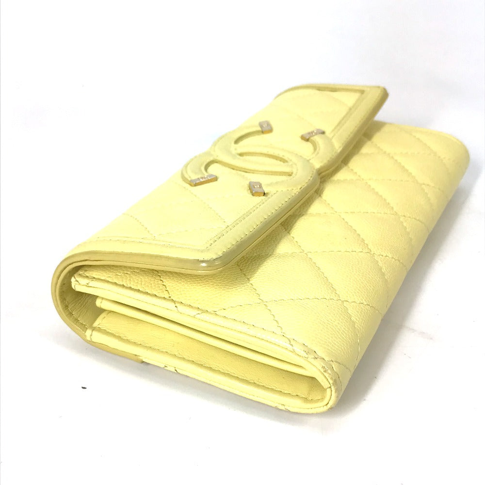CHANEL Long Wallet Purse Caviar skin yellow Two fold Long wallet Filigree CC COCO Mark Women Used Authentic