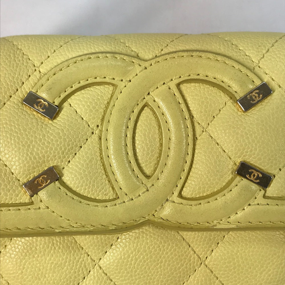 CHANEL Long Wallet Purse Caviar skin yellow Two fold Long wallet Filigree CC COCO Mark Women Used Authentic