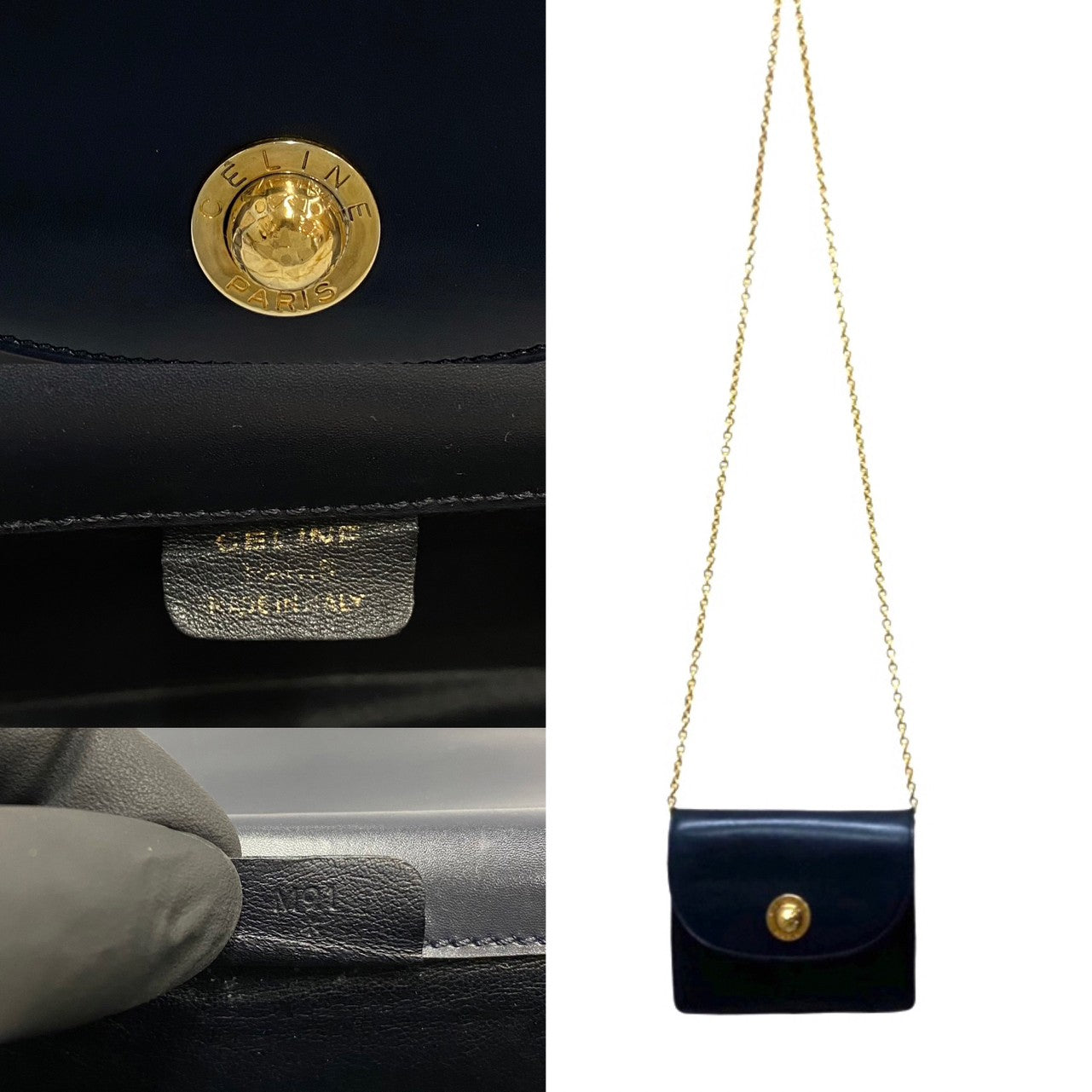 CELINE Shoulder Bag Calfskin, Leather Navy Star Ball Metal Women Used Authentic