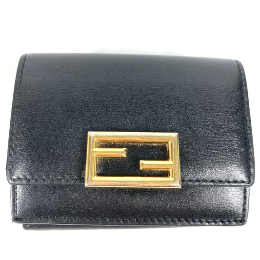 FENDI Trifold wallet 8M0395 leather black logo Women Used Authentic