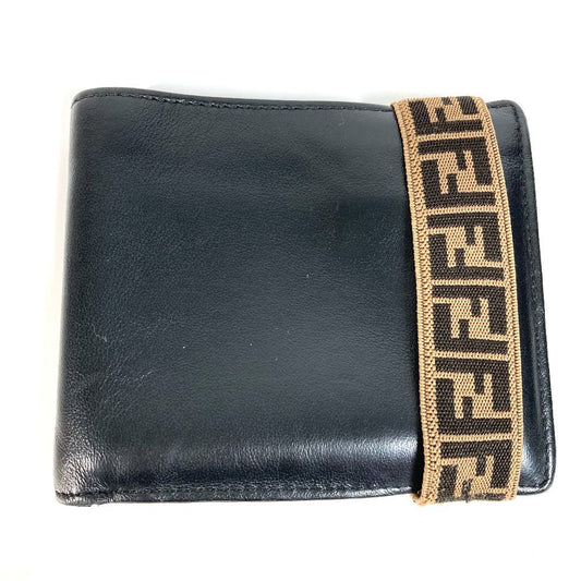 FENDI Folded wallet 7M0266 leather black Zucca rubber belt logo unisex(Unisex) Used Authentic
