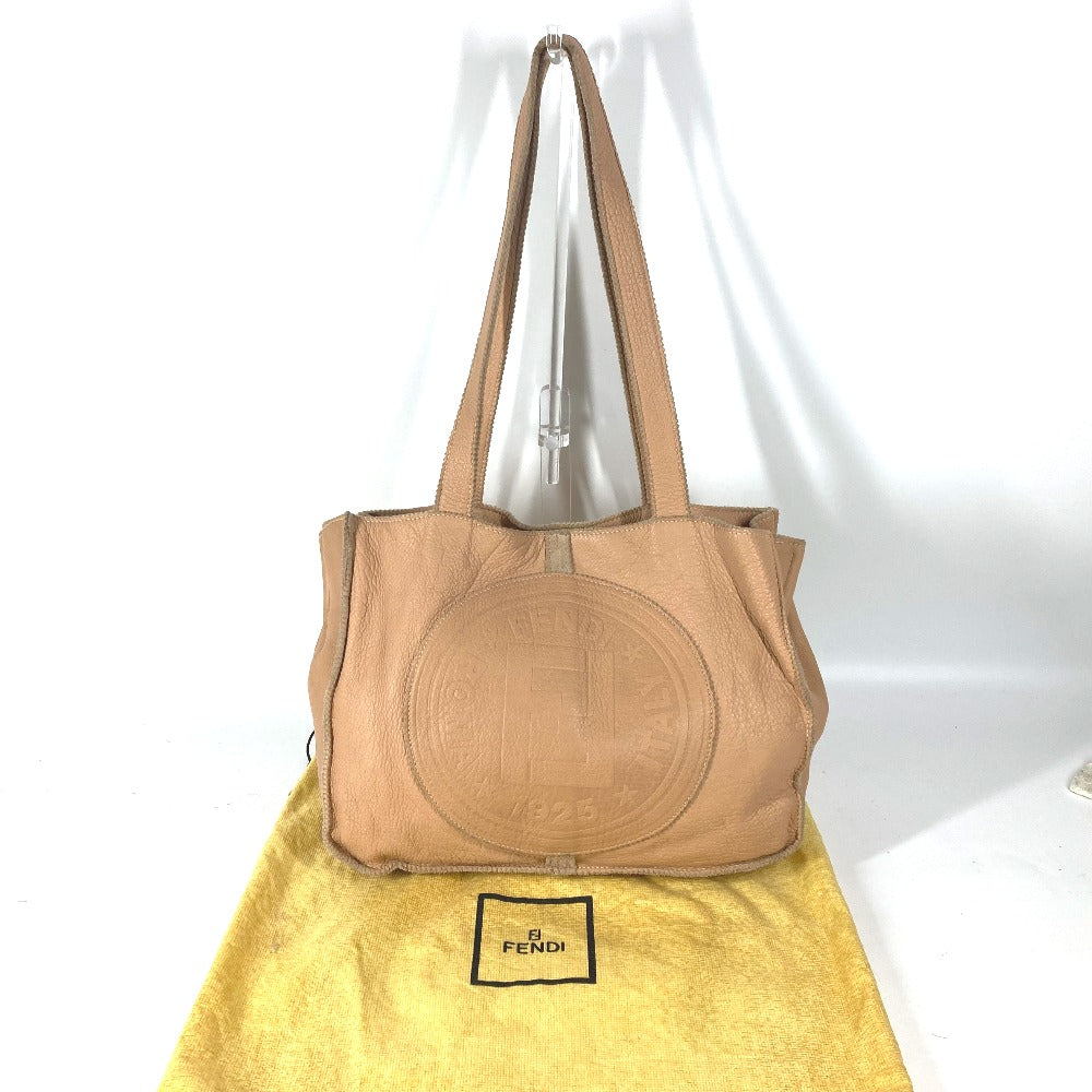 FENDI Tote Bag leather beige vintage Big logo Women Used Authentic