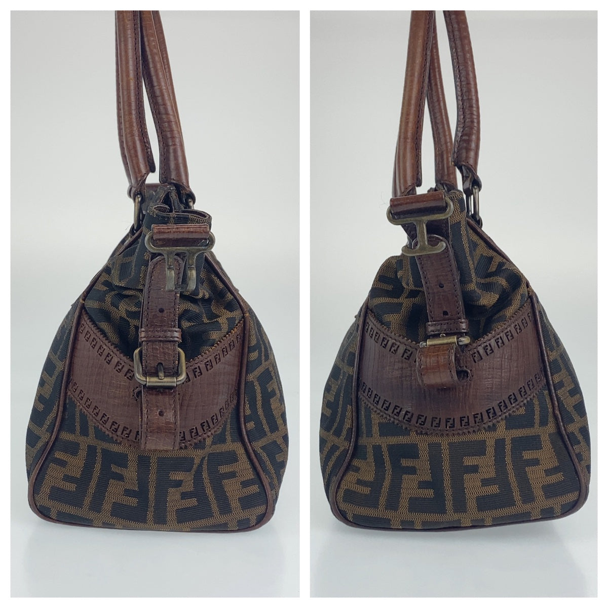 FENDI Shoulder Bag Canvas, Leather Brown Shoulder Bag Handbag Tote Bag Zucca Pattern Etnico Women Used Authentic
