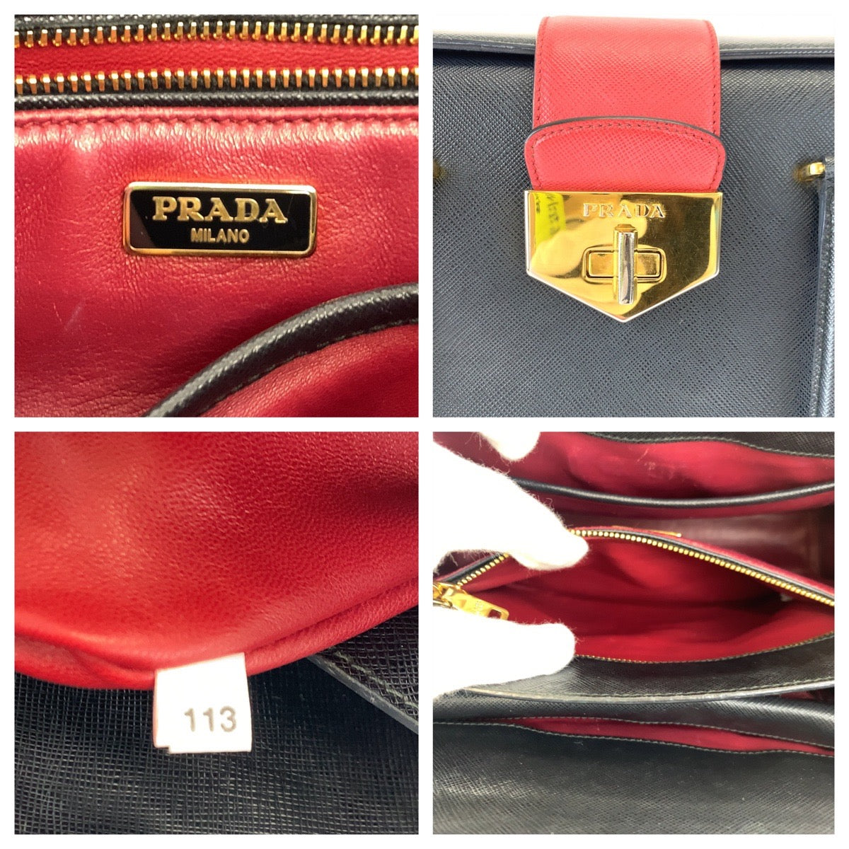 PRADA Handbag B2725C leather Black Red Gold Metal Handbag Tote Bag Safiano leather Women Used Authentic