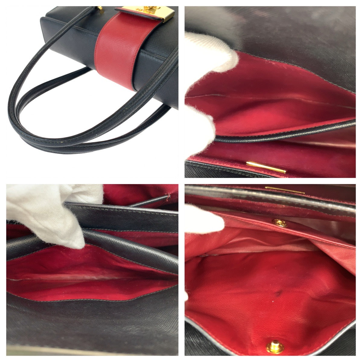 PRADA Handbag B2725C leather Black Red Gold Metal Handbag Tote Bag Safiano leather Women Used Authentic