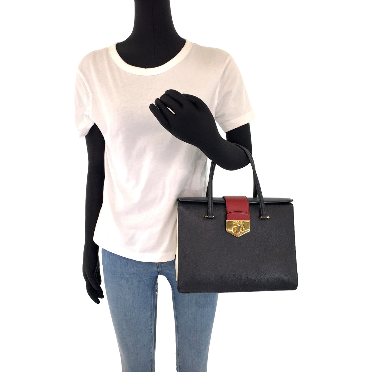 PRADA Handbag B2725C leather Black Red Gold Metal Handbag Tote Bag Safiano leather Women Used Authentic