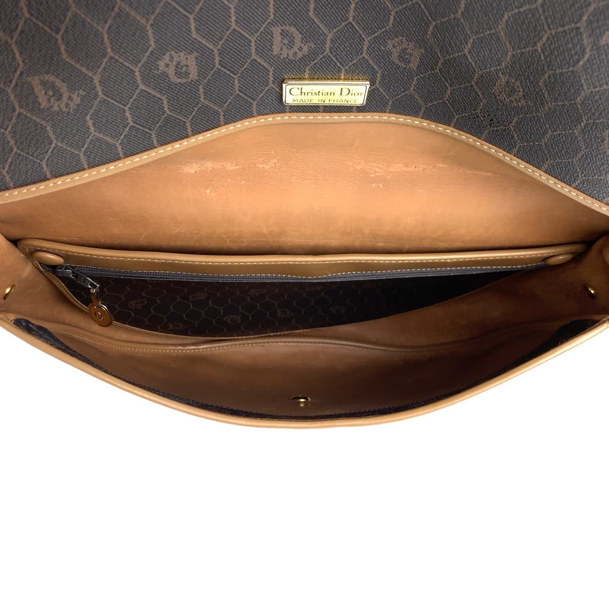 Dior Shoulder Bag leather Brown Gold Metal Crossbody Shoulder Bag Pochette Honeycomb Pattern Women Used Authentic