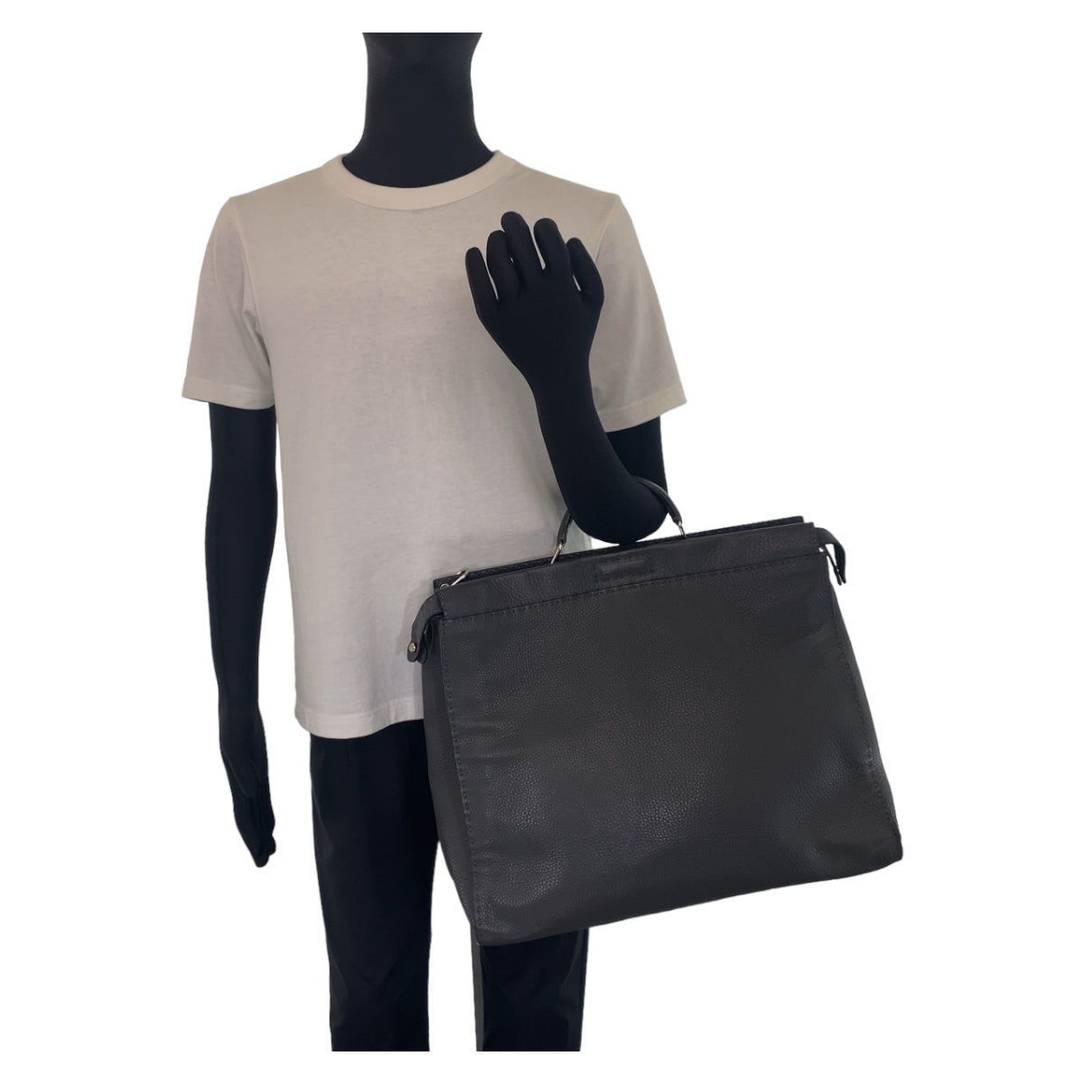 FENDI Business bag leather Grey SilverMetal Business Bag A4 Compatible Shoulder Bag Celeria Peekaboo mens Used Authentic