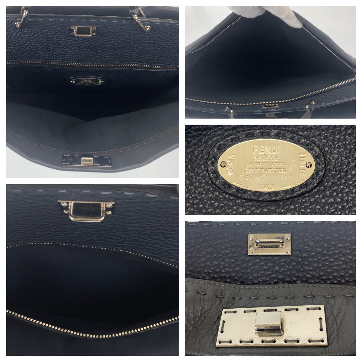 FENDI Business bag leather Grey SilverMetal Business Bag A4 Compatible Shoulder Bag Celeria Peekaboo mens Used Authentic