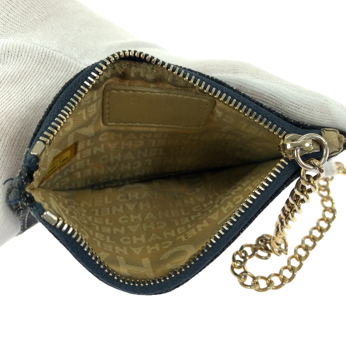 CHANEL Coin case denim Denim blue Coin case with chain and coin pocket Sparkling denim COCO Mark Women Used Authentic