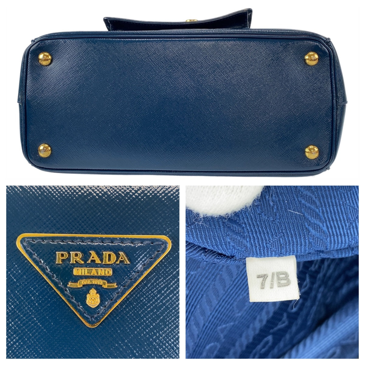 PRADA Handbag leather Blue Gold Metal 2way Handbag Crossbody Shoulder Bag Safiano Triangle With logo Women Used Authentic