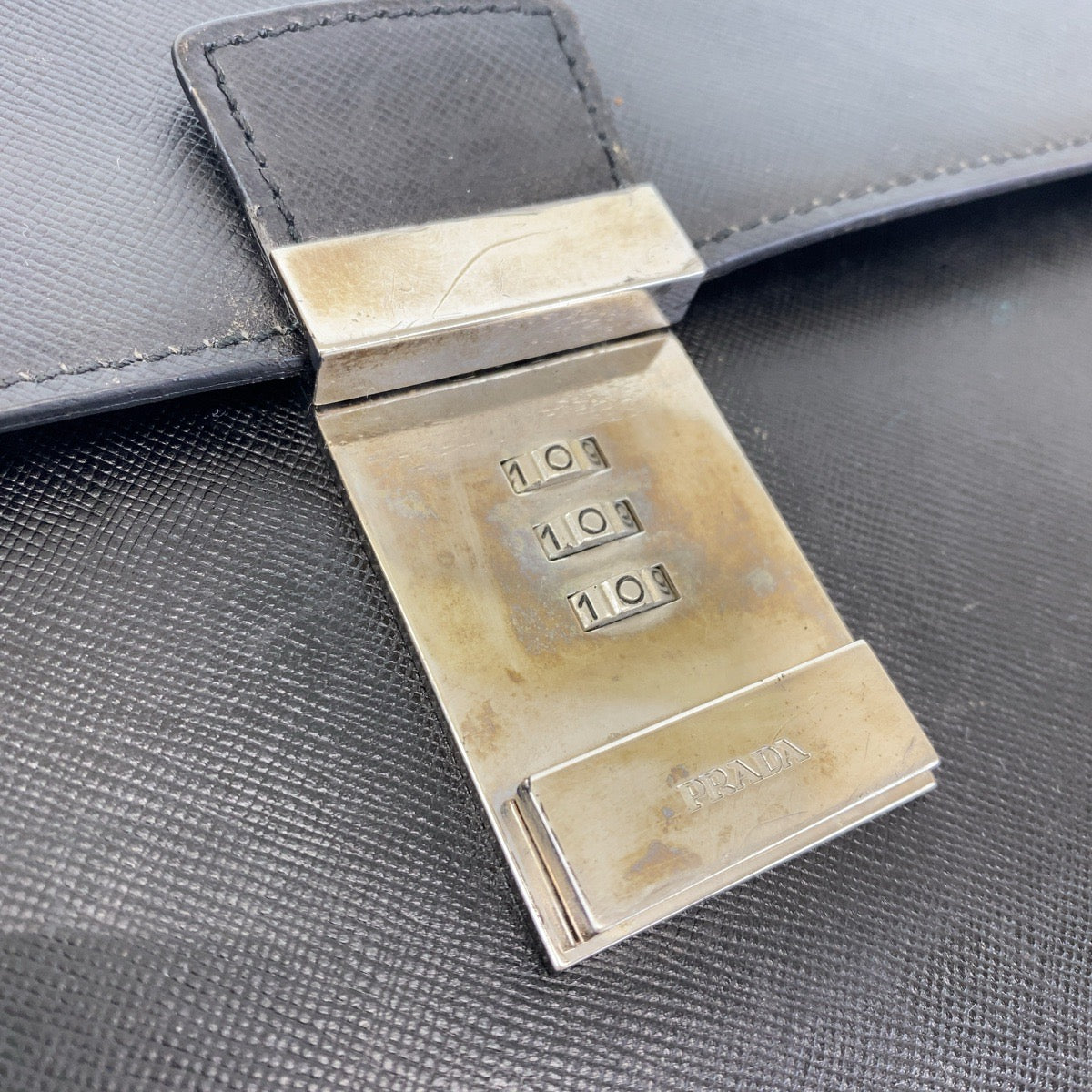 PRADA Business bag leather Black SilverMetal Business bag, briefcase, A4 storage Safiano mens Used Authentic