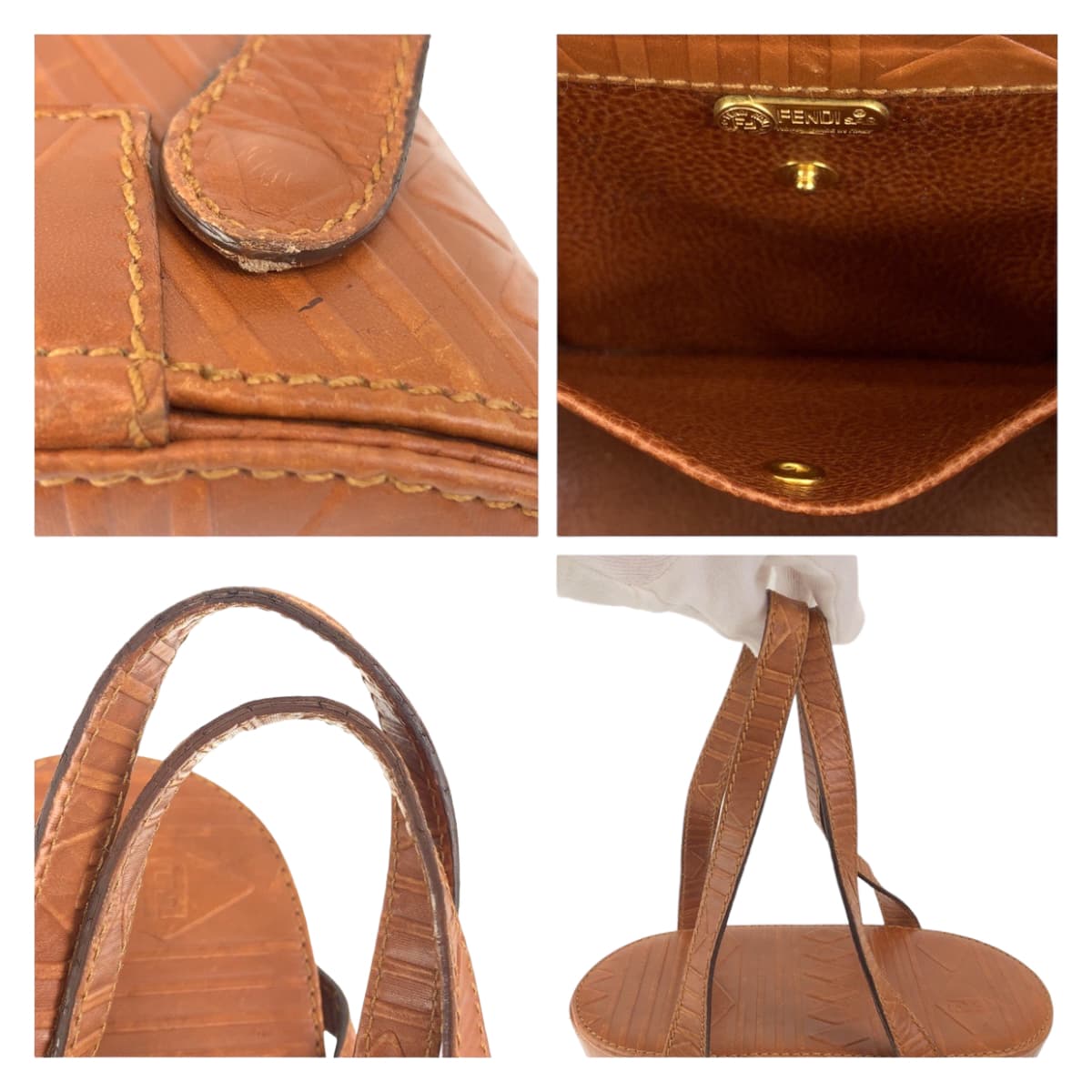FENDI Handbag Patent leather Camel brown Handbag bucket bag Carving Women Used Authentic