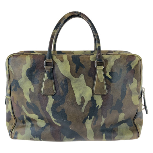 PRADA Business bag leather Green SilverMetal Business bag, briefcase, A4 storage Saffiano Camouflage mens Used Authentic