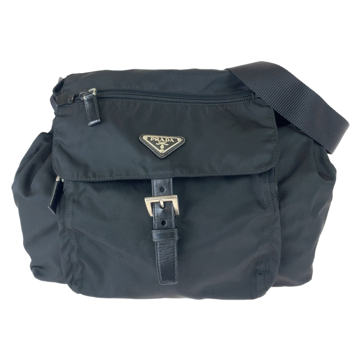 PRADA Shoulder Bag Nylon Black SilverMetal Crossbody Shoulder Bag Pochette Test Triangle With logo Women Used Authentic
