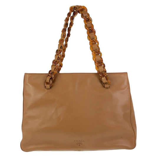 PRADA Tote Bag Leather, Plastic Brown Silver Metal Tote Bag Shoulder Bag Marble Plastic Chain Women Used Authentic
