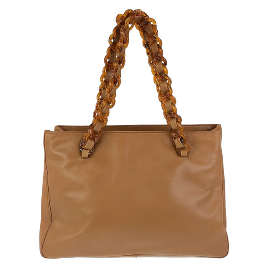 PRADA Tote Bag Leather, Plastic Brown Silver Metal Tote Bag Shoulder Bag Marble Plastic Chain Women Used Authentic