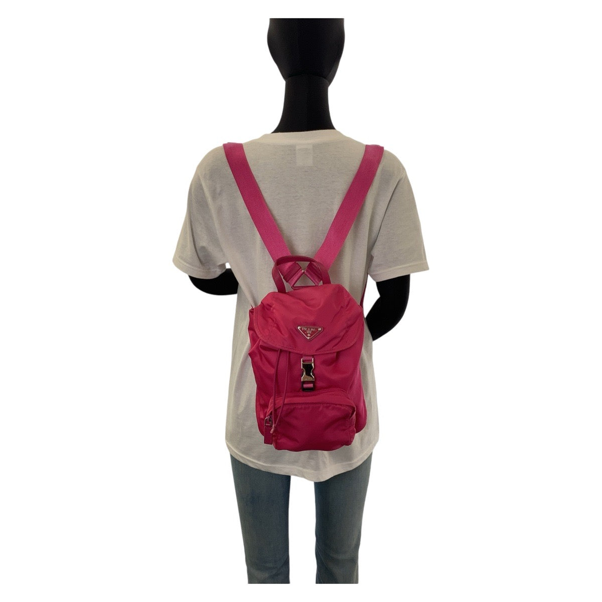 PRADA Backpack Nylon Pink SilverMetal Backpack Test Triangle With logo Women Used Authentic