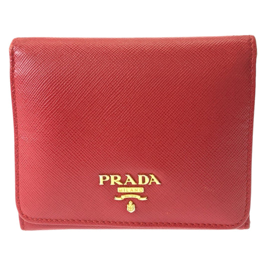 PRADA Tri-fold wallet leather Red Gold Metal Folding wallet Compact wallet Safiano Women Used Authentic