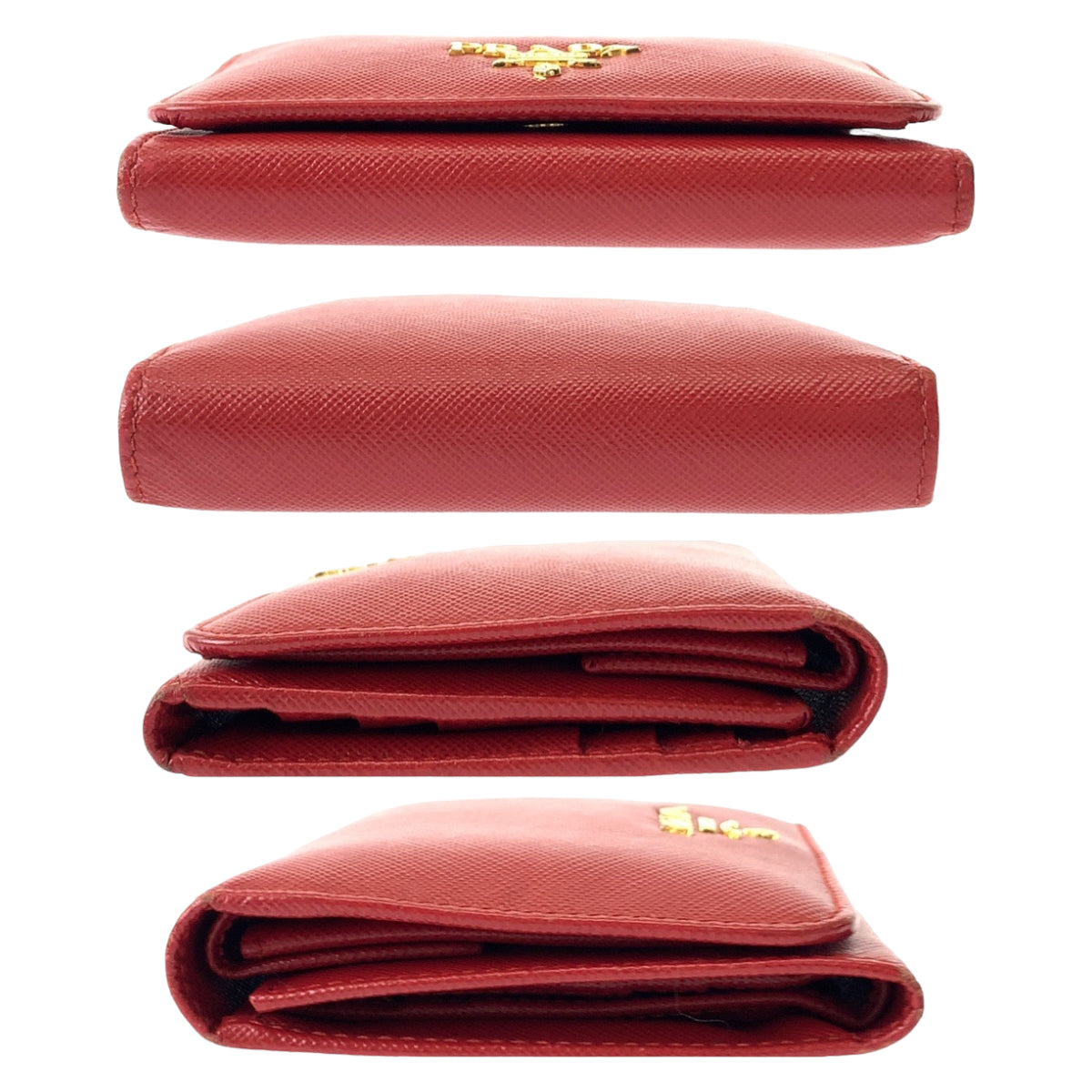 PRADA Tri-fold wallet leather Red Gold Metal Folding wallet Compact wallet Safiano Women Used Authentic