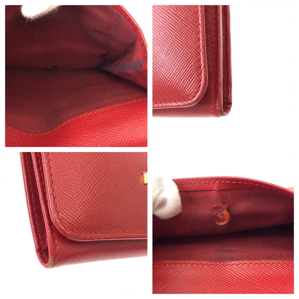 PRADA Tri-fold wallet leather Red Gold Metal Folding wallet Compact wallet Safiano Women Used Authentic