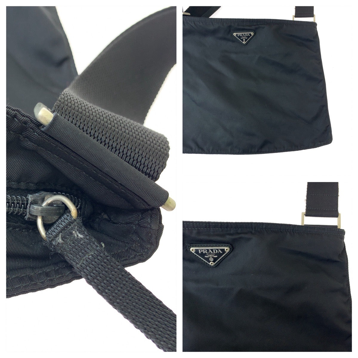 PRADA Shoulder Bag VA0053 Nylon Black Silver Metal Shoulder Bag Crossbody Pochette Unisex Test Triangle With logo Women Used Authentic