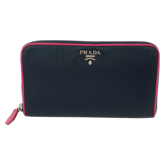 PRADA Long Wallet Purse Nylon Black Pink SilverMetal Long Wallet Purse Round Zip Test Women Used Authentic