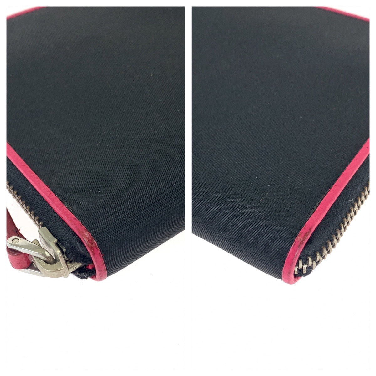 PRADA Long Wallet Purse Nylon Black Pink SilverMetal Long Wallet Purse Round Zip Test Women Used Authentic