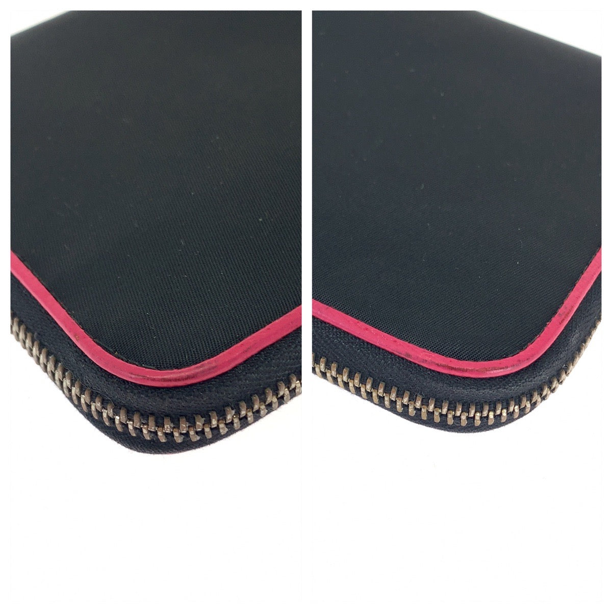 PRADA Long Wallet Purse Nylon Black Pink SilverMetal Long Wallet Purse Round Zip Test Women Used Authentic
