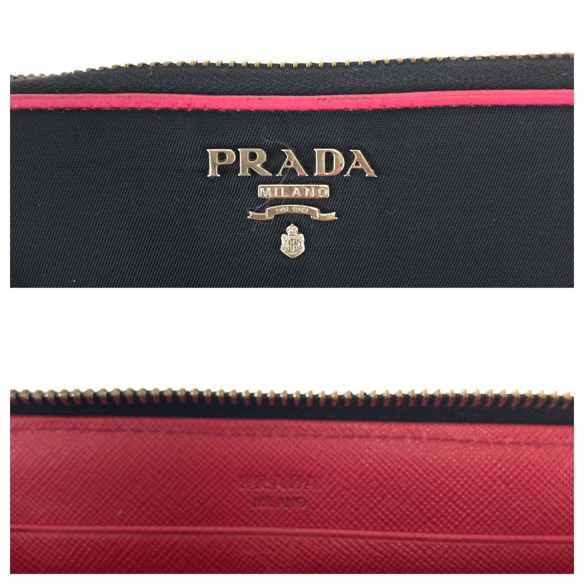 PRADA Long Wallet Purse Nylon Black Pink SilverMetal Long Wallet Purse Round Zip Test Women Used Authentic