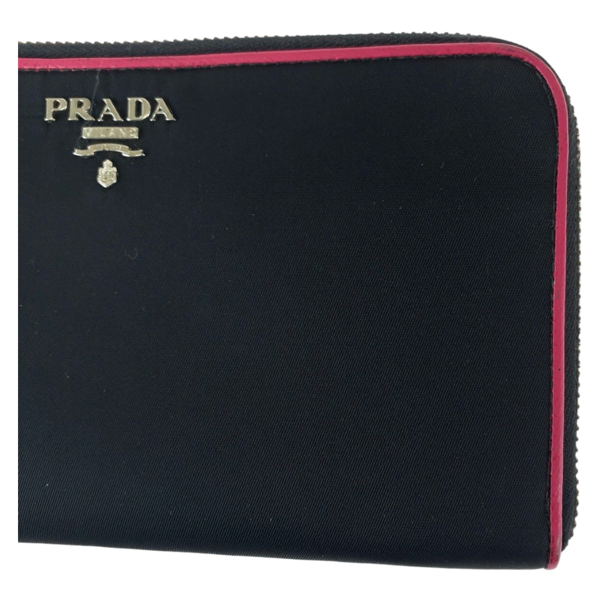 PRADA Long Wallet Purse Nylon Black Pink SilverMetal Long Wallet Purse Round Zip Test Women Used Authentic
