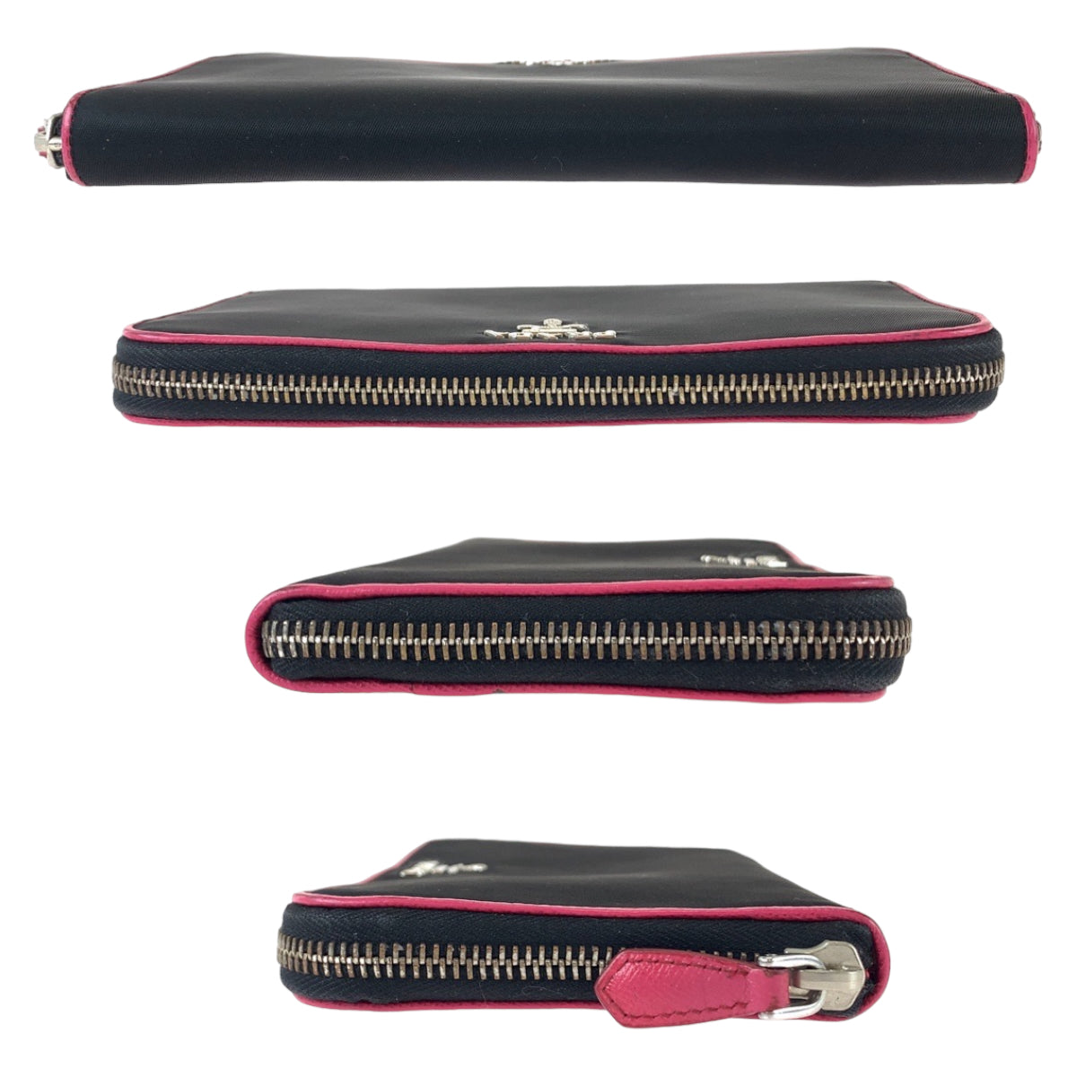 PRADA Long Wallet Purse Nylon Black Pink SilverMetal Long Wallet Purse Round Zip Test Women Used Authentic