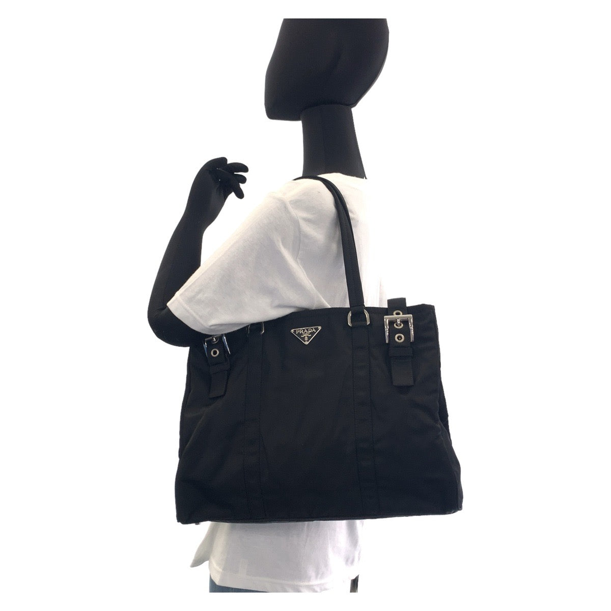 PRADA Tote Bag Nylon Black SilverMetal Tote Bag Shoulder Bag Test Triangle With logo Women Used Authentic