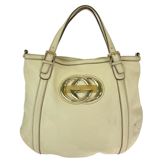 GUCCI Tote Bag 162336 leather White Beige Gold Metal Tote Bag Shoulder Bag Interlocking Newbrit Women Used Authentic